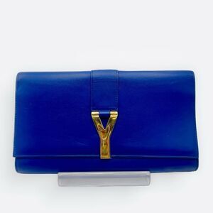 Auth YSL Saint Laurent Classic Royal Blue Y Ligne Clutch